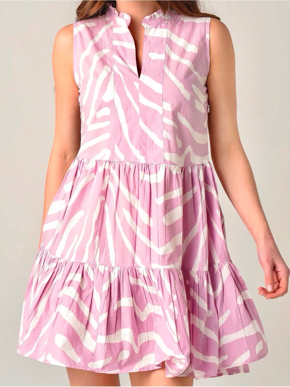 Oliphant Small Sleeveless Lavender Zebra Notch Neck Tiered Sleeveless Dress